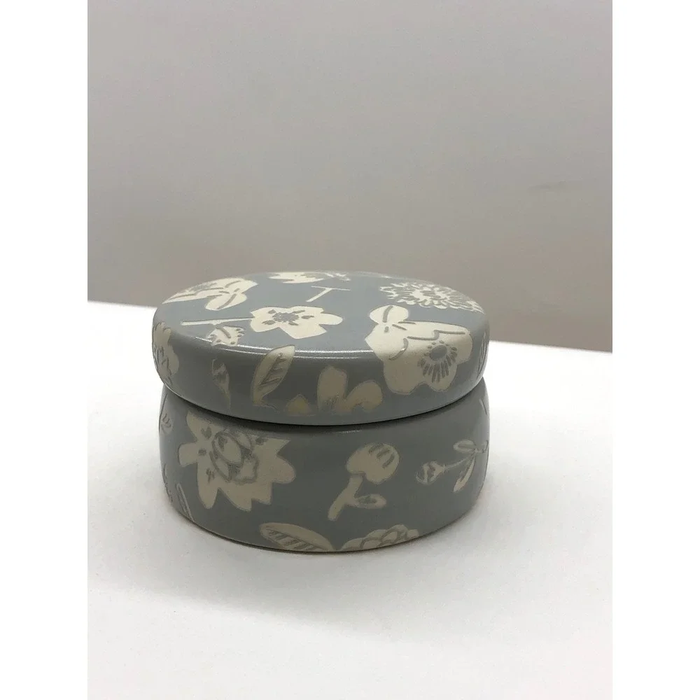 Anthropologie Monogram T Floral Ceramic Trinket Box Blue Grey Round Jewelry Dish